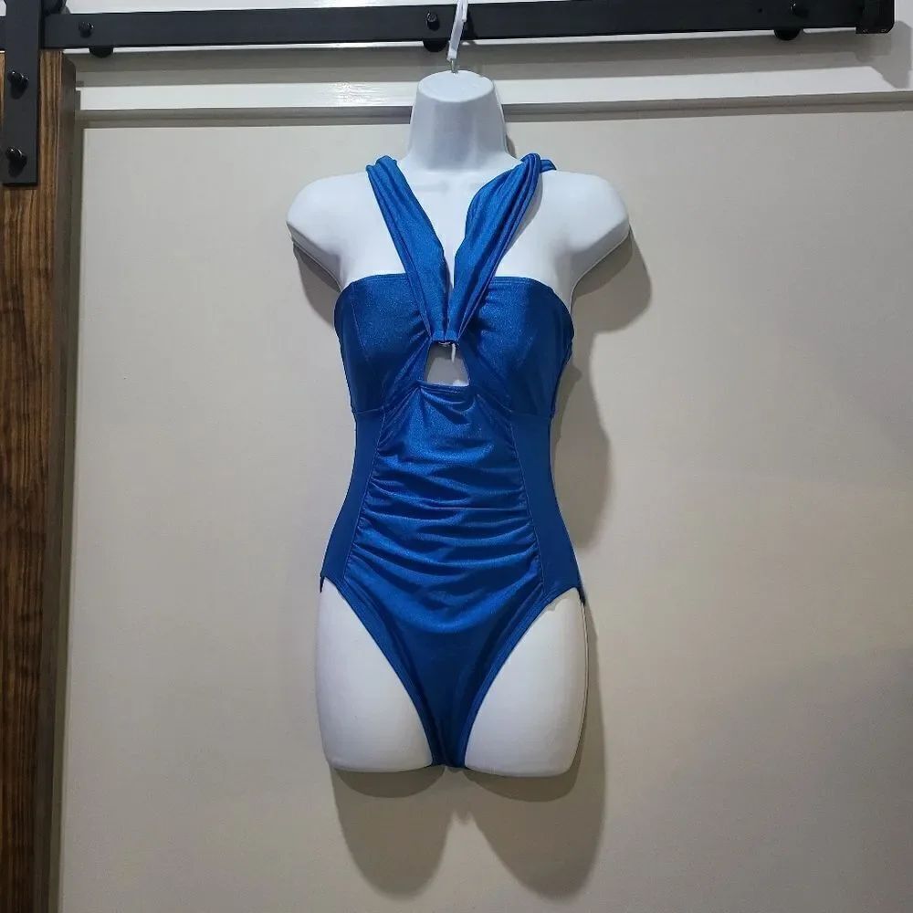 Mynah Swimsuit With Keyhole Front Off Shoulder Detail NWT size XS Blue Metallic